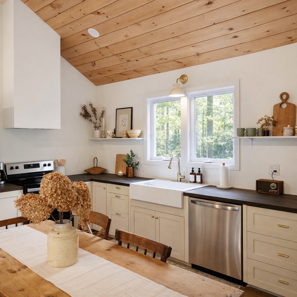 Foto di cucina rustica prima e dopo il miglioramento AI