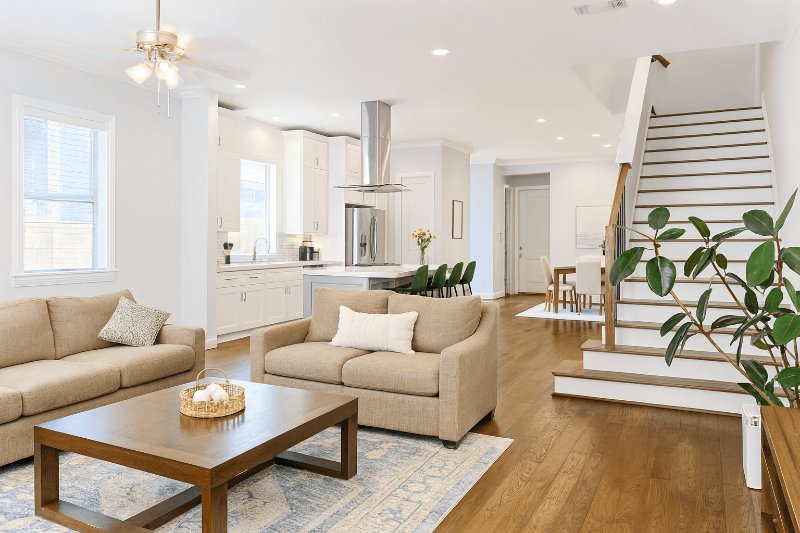 After - open plan living area with corrected colours and defined textures