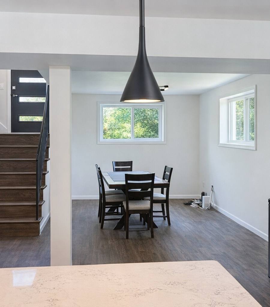 Bright open-plan basement dining area with sculptural black pendant lights and a staircase after real estate enhancement