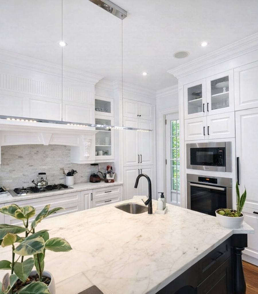 Bright classic white kitchen with a marble island, shaker cabinets and stainless appliances after real estate photo enhancement