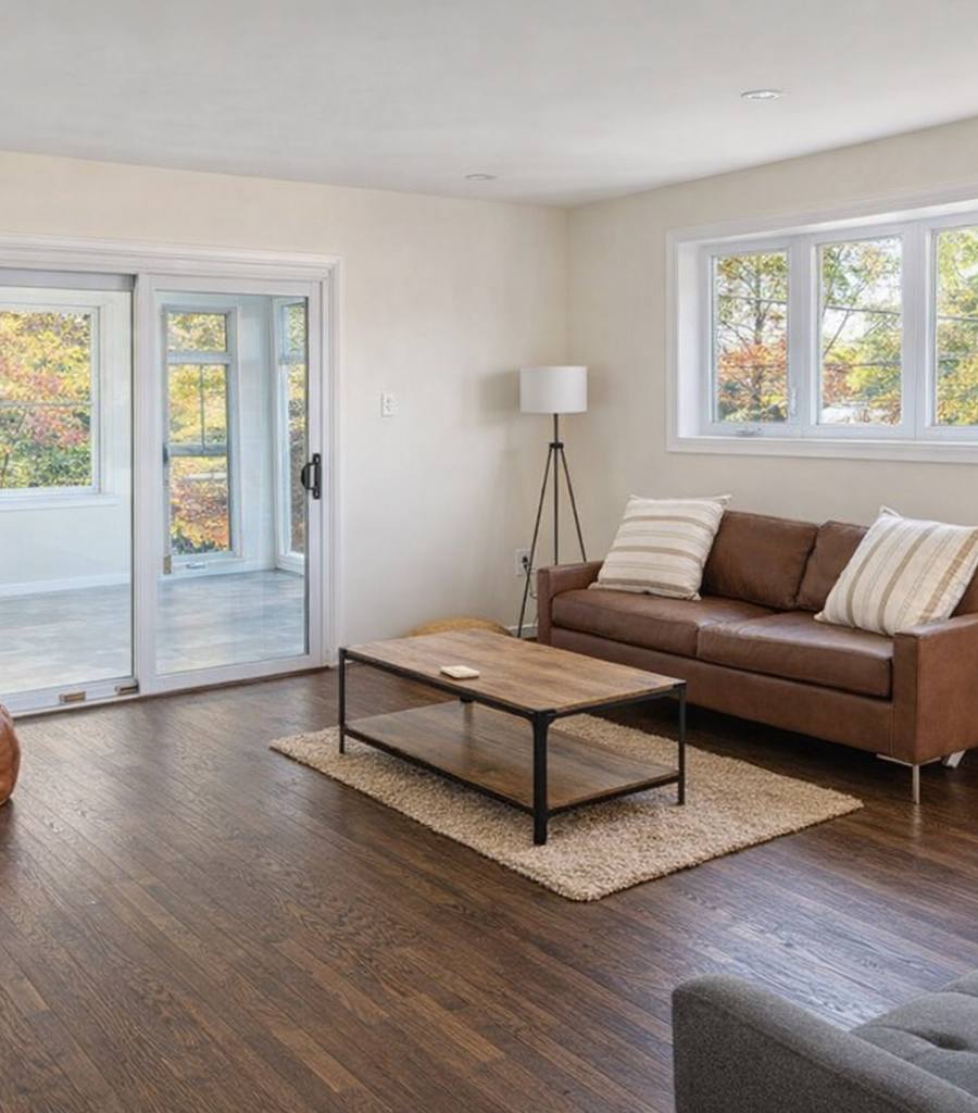 Bright mid-century living room with a cognac leather sofa, mustard accent chair and daylit windows after photo enhancement